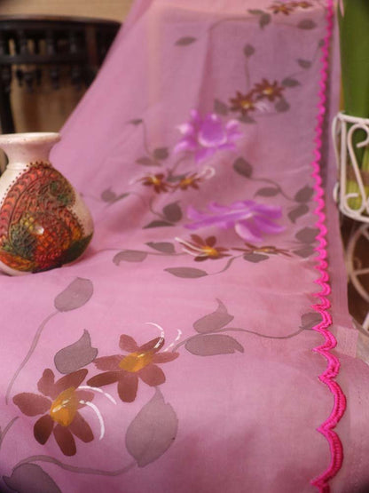 Shop the Latest Pink Hand Painted Organza Saree with Scalloped Border - Luxurion World