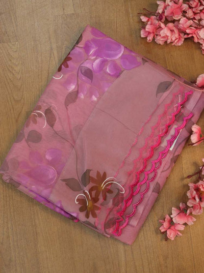 Shop the Latest Pink Hand Painted Organza Saree with Scalloped Border - Luxurion World