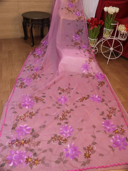 Shop the Latest Pink Hand Painted Organza Saree with Scalloped Border - Luxurion World