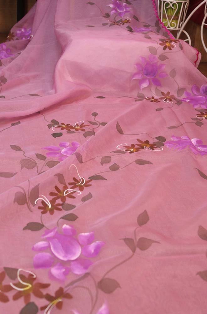 Shop the Latest Pink Hand Painted Organza Saree with Scalloped Border