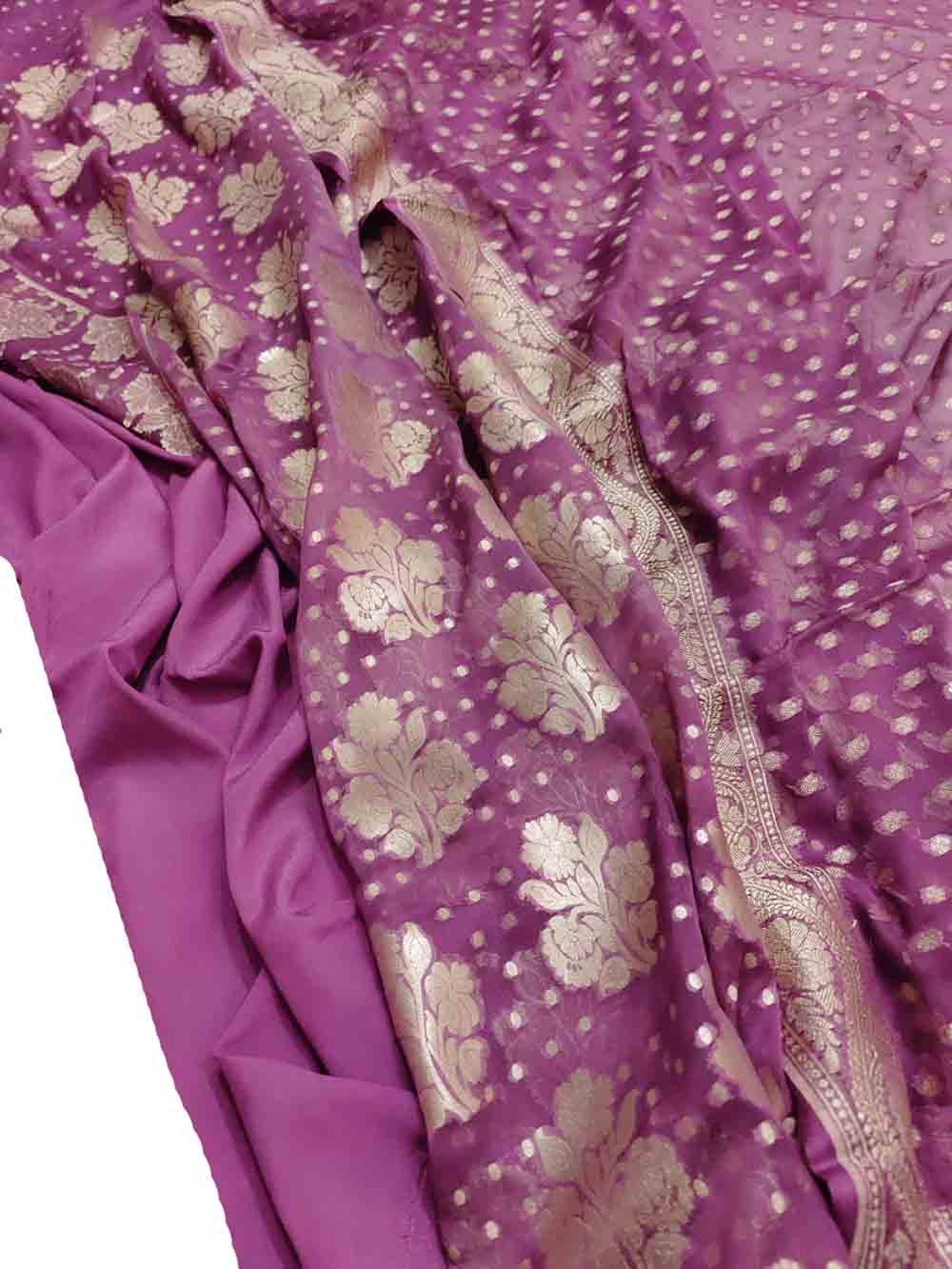 Purple Handloom Banarasi Pure Georgette Three Piece Unstitched Suit Set - Luxurion World