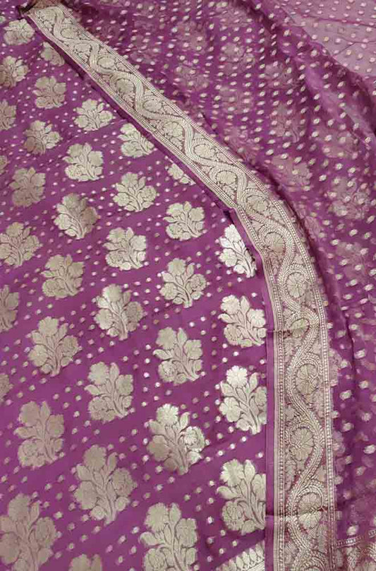 Purple Handloom Banarasi Pure Georgette Three Piece Unstitched Suit Set - Luxurion World