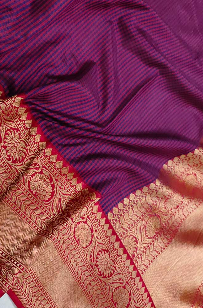 Purple Handloom Banarasi Pure Katan Silk Checks Design Saree - Luxurion World