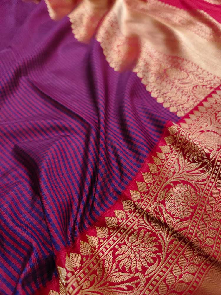 Purple Handloom Banarasi Pure Katan Silk Checks Design Saree - Luxurion World