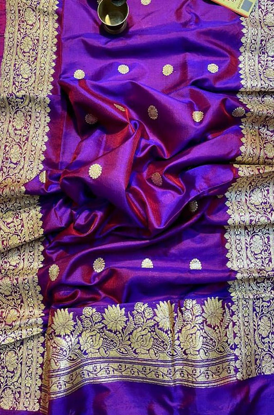 Purple Handloom Banarasi Pure Katan Silk Kadwa Dupatta - Luxurion World
