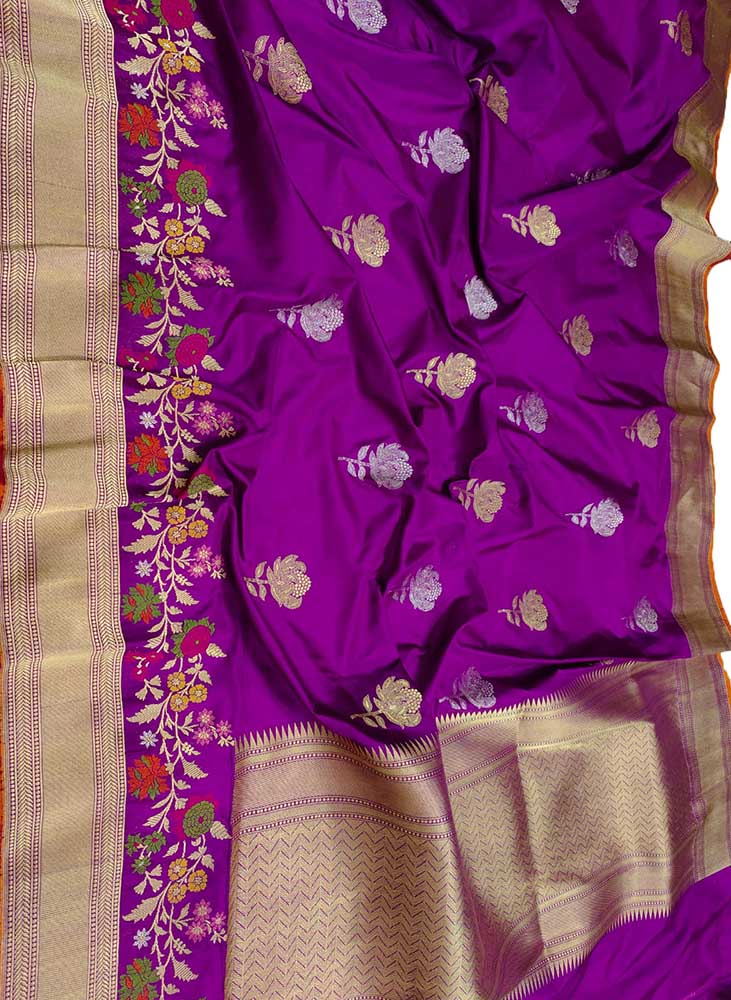 Purple Handloom Banarasi Pure Katan Silk Meenakari Saree - Luxurion World