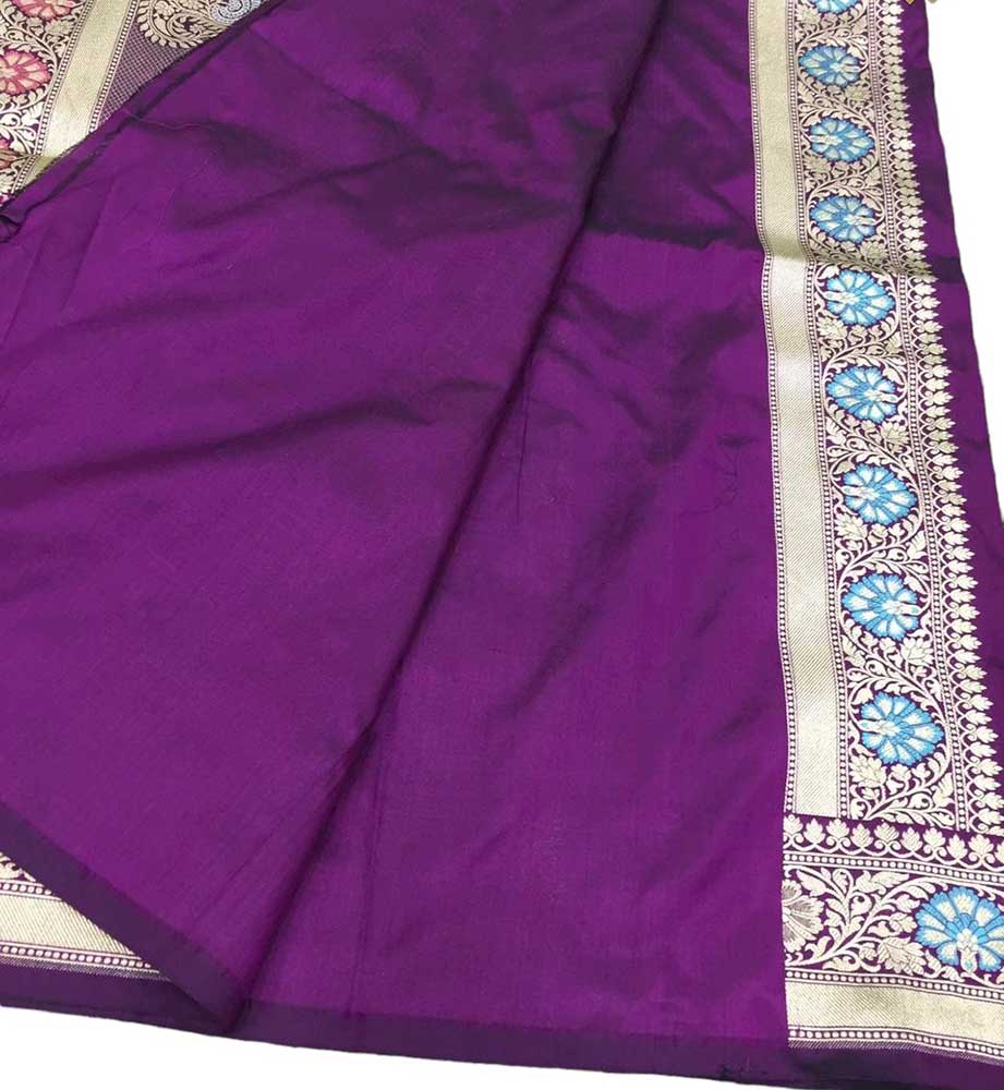 Purple Handloom Banarasi Pure Katan Silk Meenakari Saree - Luxurion World