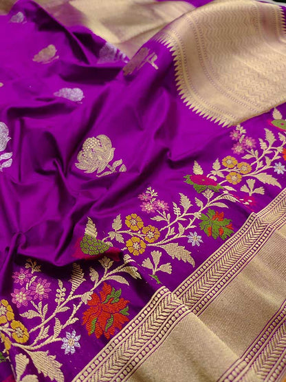 Purple Handloom Banarasi Pure Katan Silk Meenakari Saree - Luxurionworld