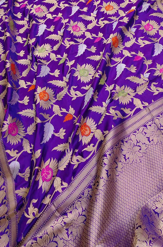 Purple Handloom Banarasi Pure Katan Silk Meenakari Saree - Luxurion World