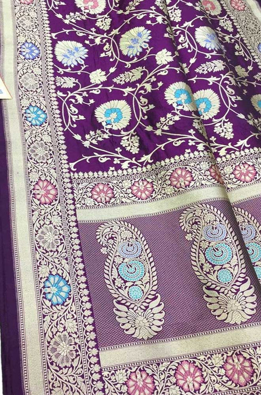 Purple Handloom Banarasi Pure Katan Silk Meenakari Saree - Luxurion World