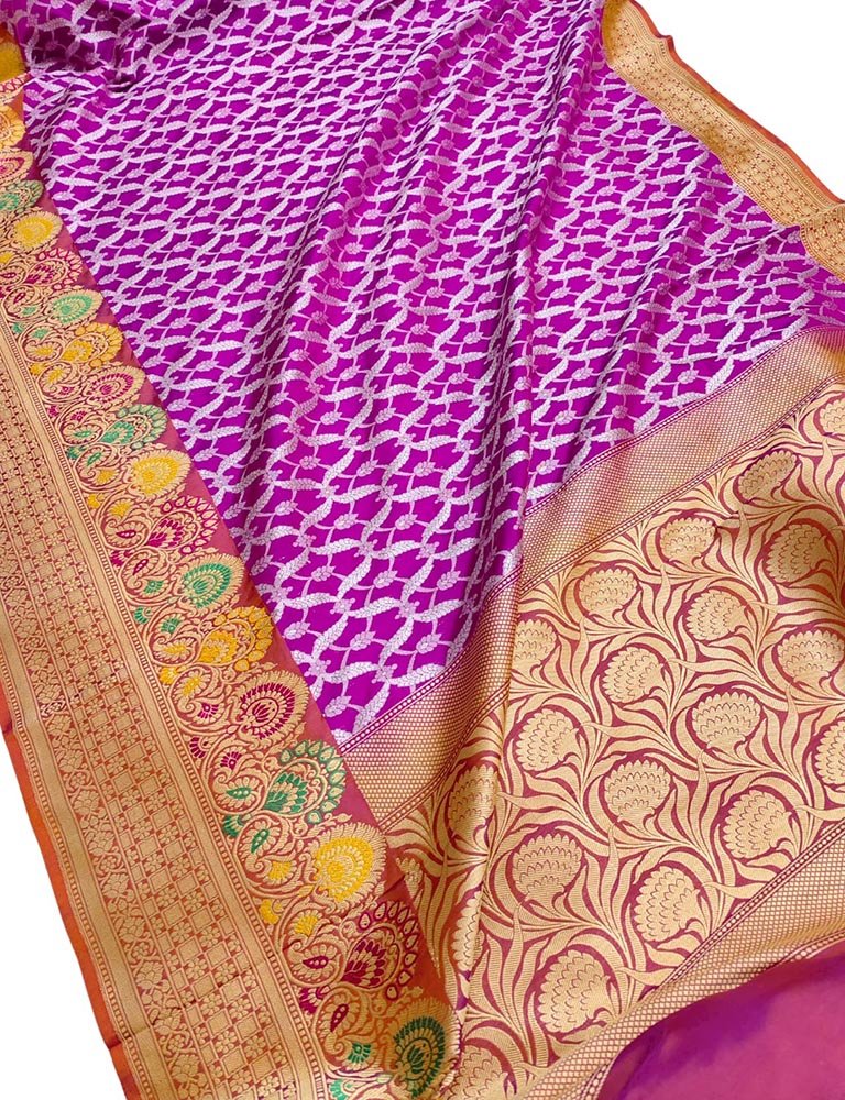 Purple Handloom Banarasi Pure Katan Silk Saree - Luxurion World