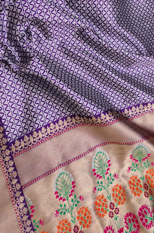 Purple Handloom Banarasi Pure Katan Silk Silver Zari Tanchui Tilfi Border Saree - Luxurion World