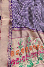 Purple Handloom Banarasi Pure Katan Silk Silver Zari Tanchui Tilfi Border Saree - Luxurion World