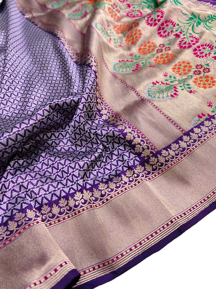 Purple Handloom Banarasi Pure Katan Silk Silver Zari Tanchui Tilfi Border Saree - Luxurion World