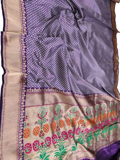 Purple Handloom Banarasi Pure Katan Silk Silver Zari Tanchui Tilfi Border Saree - Luxurion World
