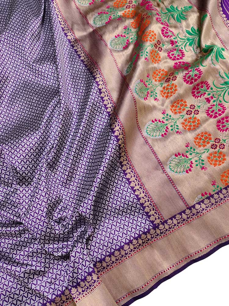 Purple Handloom Banarasi Pure Katan Silk Silver Zari Tanchui Tilfi Border Saree - Luxurion World
