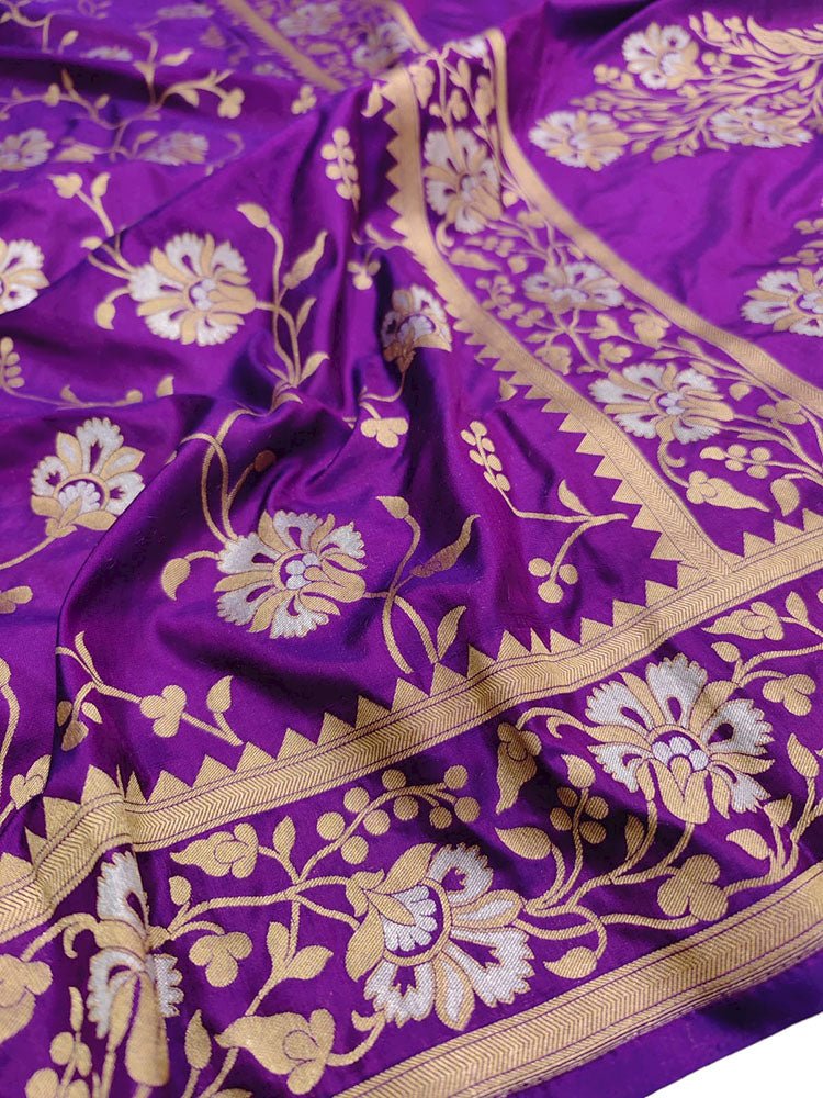 Purple Handloom Banarasi Pure Katan Silk Sona Roopa Dupatta - Luxurion World
