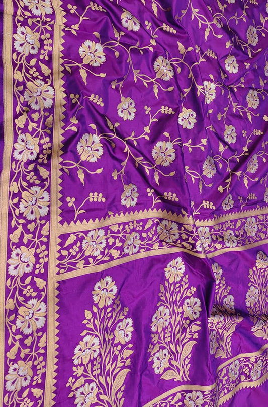 Purple Handloom Banarasi Pure Katan Silk Sona Roopa Dupatta - Luxurion World