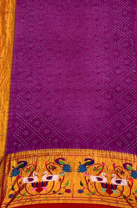 Purple Handloom Bandhani Paithani Pure Silk Muniya Border Dupatta - Luxurion World