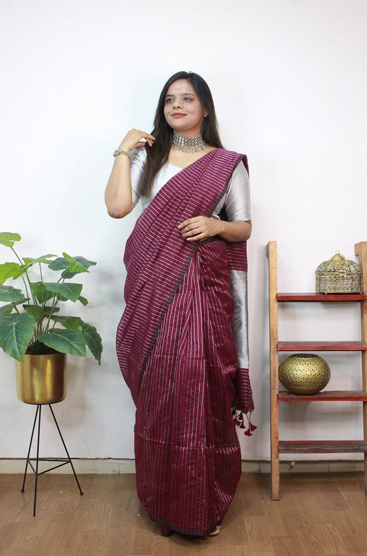 Purple Handloom Bengal Tussar Cotton Silver Zari Stripe Design Saree