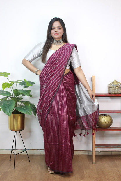Purple Handloom Bengal Tussar Cotton Silver Zari Stripe Design Saree - Luxurion World