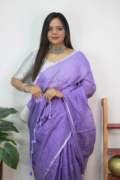 Purple Handloom Bengal Tussar Cotton Silver Zari Stripe Design Saree - Luxurion World