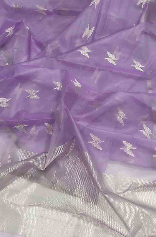 Purple Handloom Chanderi Pure Katan Organza Silk Saree - Luxurion World