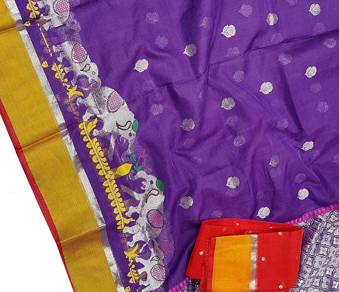 Purple Handloom Kota Doria Real Zari Elephant Deasign Saree - Luxurion World