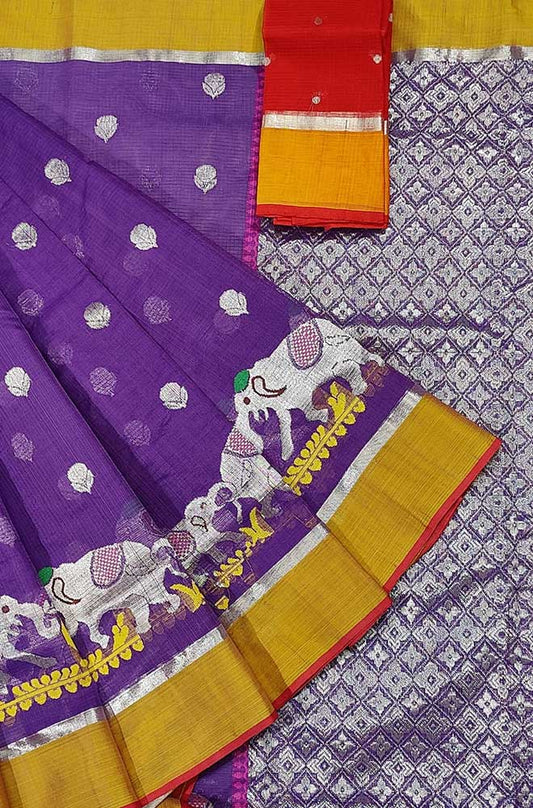 Purple Handloom Kota Doria Real Zari Elephant Deasign Saree - Luxurion World