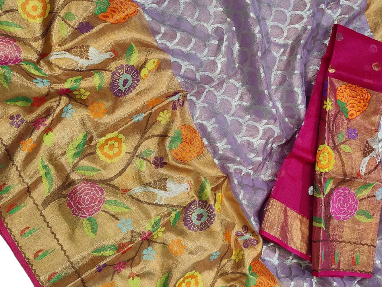 Purple Handloom Kota Doria Real Zari Paithani Border Saree - Luxurion World