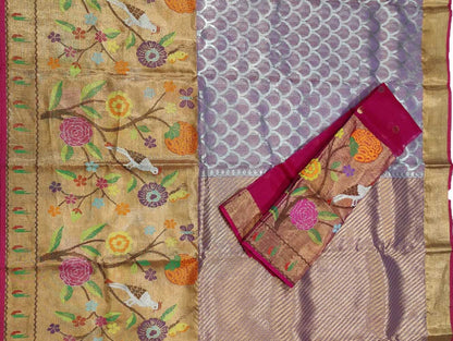 Purple Handloom Kota Doria Real Zari Paithani Border Saree - Luxurion World