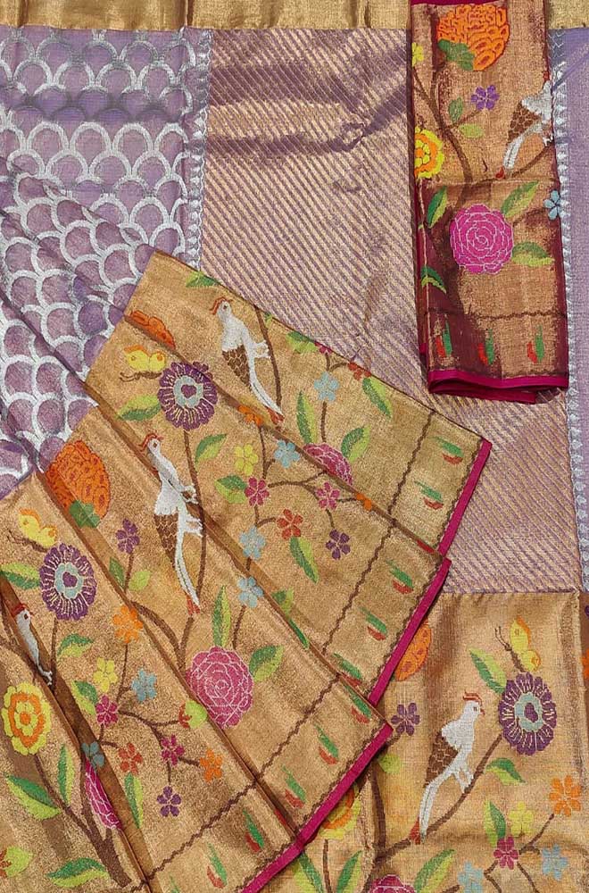 Purple Handloom Kota Doria Real Zari Paithani Border Saree - Luxurion World