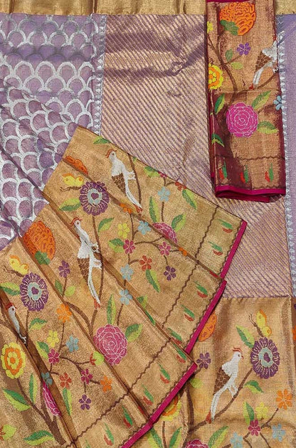 Purple Handloom Kota Doria Real Zari Paithani Border Saree - Luxurion World