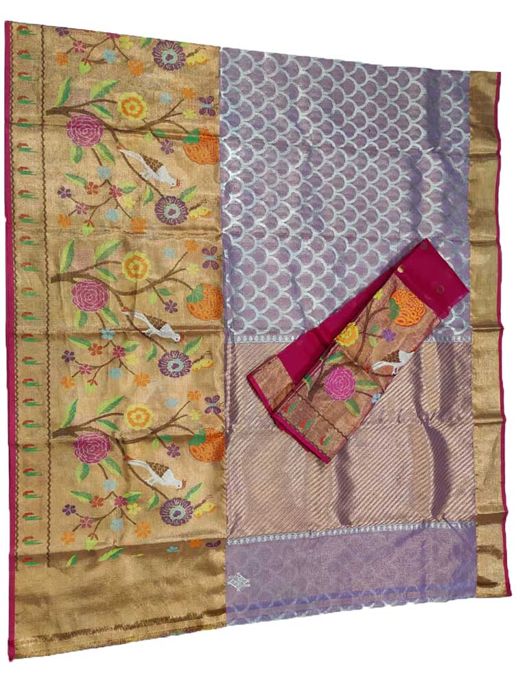 Purple Handloom Kota Doria Real Zari Paithani Border Saree - Luxurion World