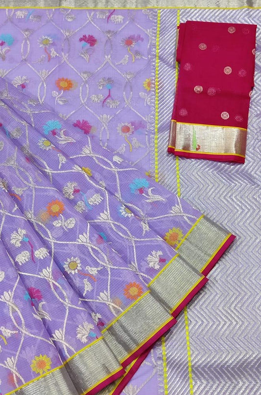 Purple Handloom Kota Doria Real Zari Saree - Luxurion World