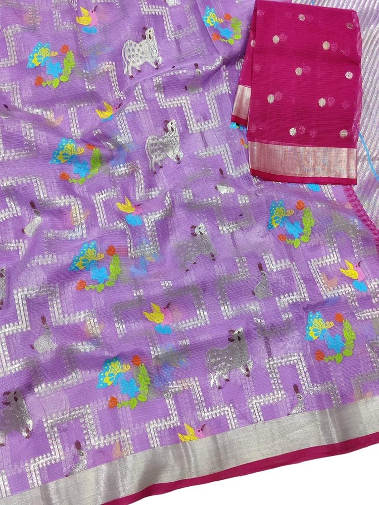 Purple Handloom Kota Doria Real Zari Saree - Luxurion World