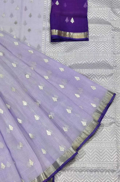 Purple Handloom Kota Doria Real Zari Saree - Luxurion World