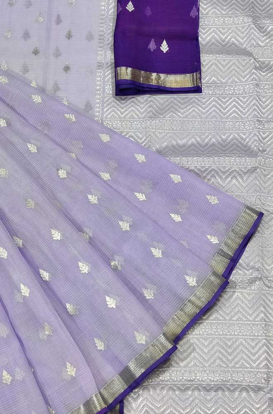 Purple Handloom Kota Doria Real Zari Saree - Luxurion World