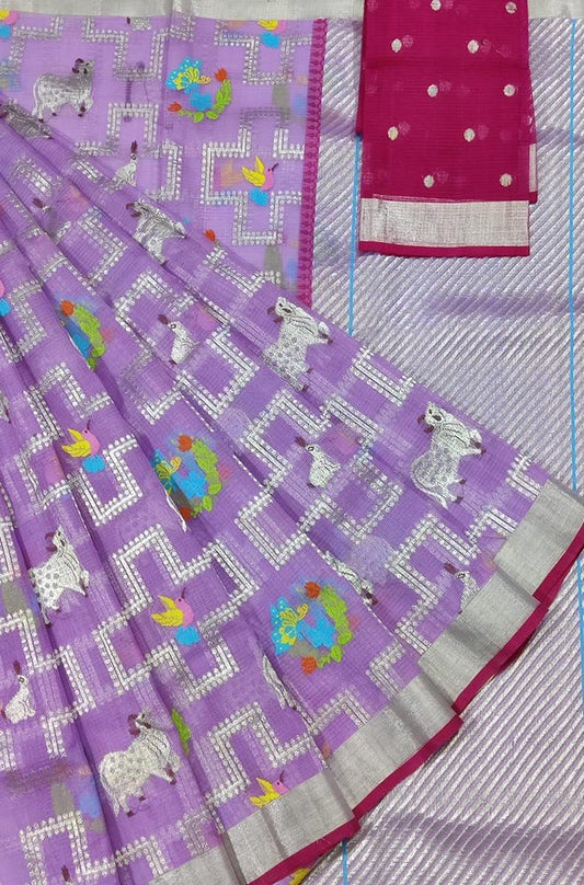 Purple Handloom Kota Doria Real Zari Saree - Luxurion World
