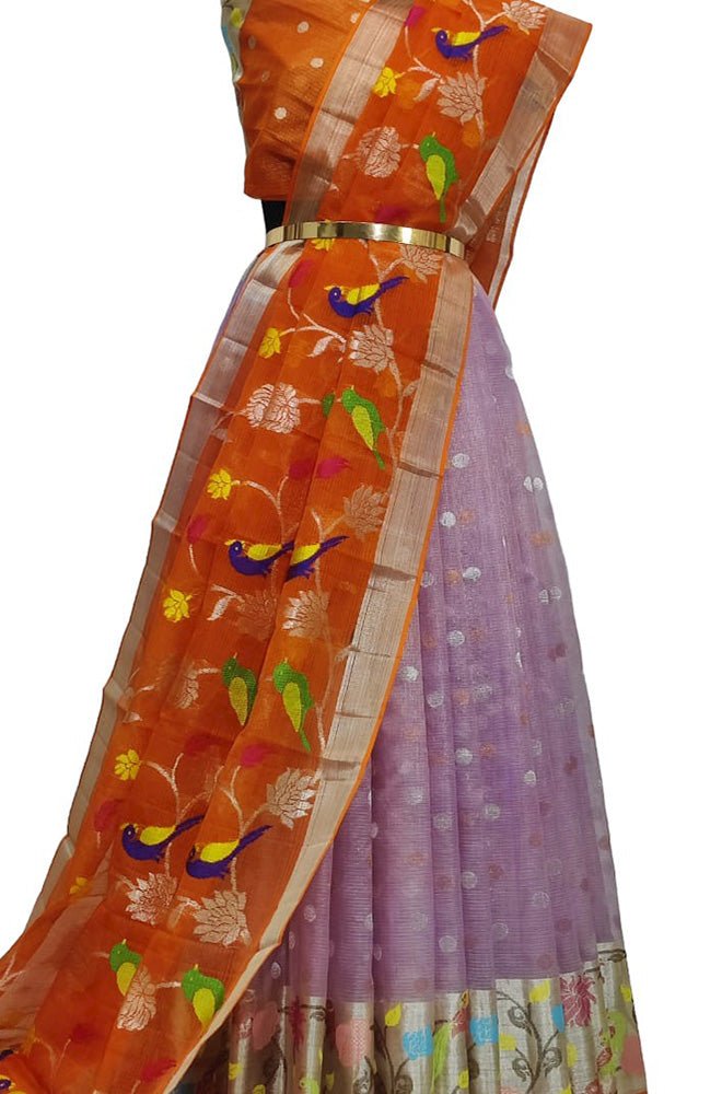 Purple Handloom Kota Doria Tissue Silk Unstitched Lehenga Set - Luxurion World