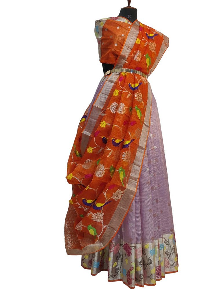 Purple Handloom Kota Doria Tissue Silk Unstitched Lehenga Set - Luxurion World