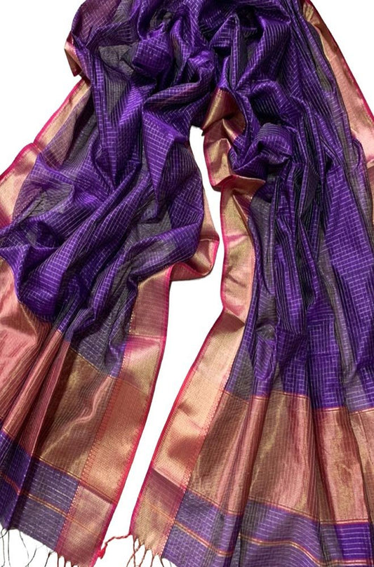 Purple Handloom Maheshwari Silk Cotton Dupatta - Luxurion World