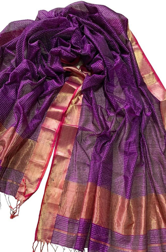 Purple Handloom Maheshwari Silk Cotton Dupatta - Luxurion World