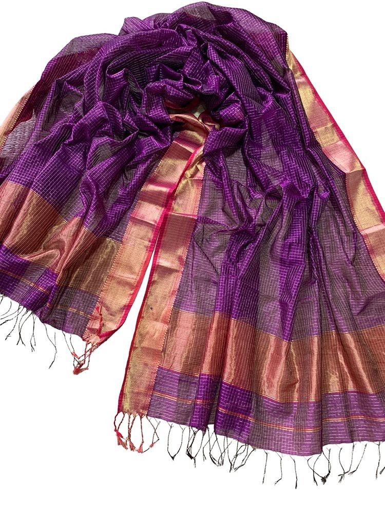 Purple Handloom Maheshwari Silk Cotton Dupatta - Luxurion World