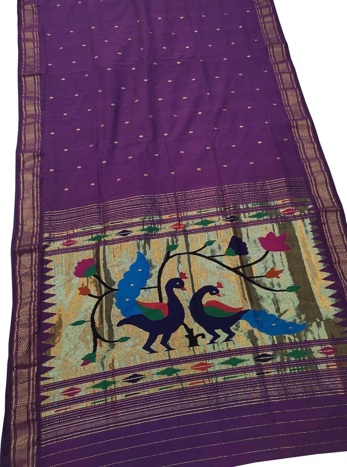 Purple Handloom Paithani Pure Cotton Peacock Design Saree - Luxurion World