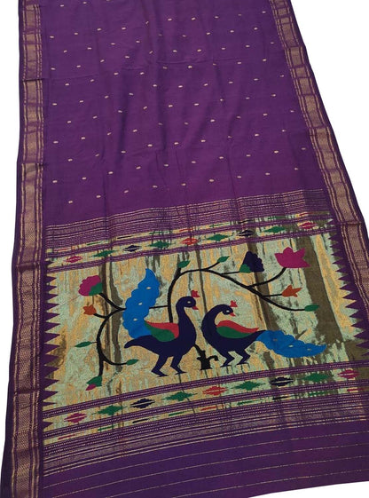 Purple Handloom Paithani Pure Cotton Peacock Design Saree - Luxurion World