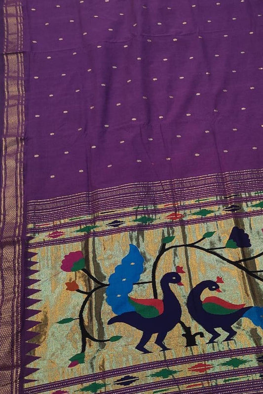 Purple Handloom Paithani Pure Cotton Peacock Design Saree - Luxurion World