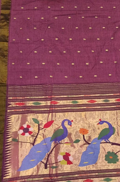 Purple Handloom Paithani Pure Cotton Saree