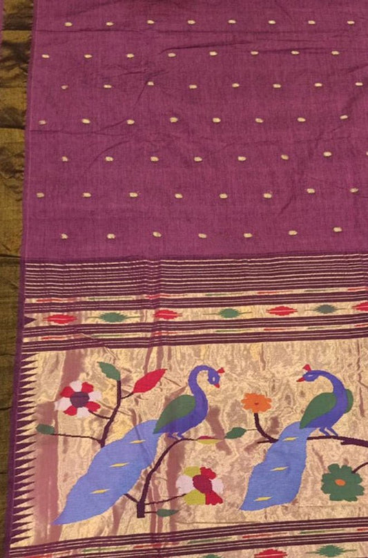 Purple Handloom Paithani Pure Cotton Saree - Luxurion World