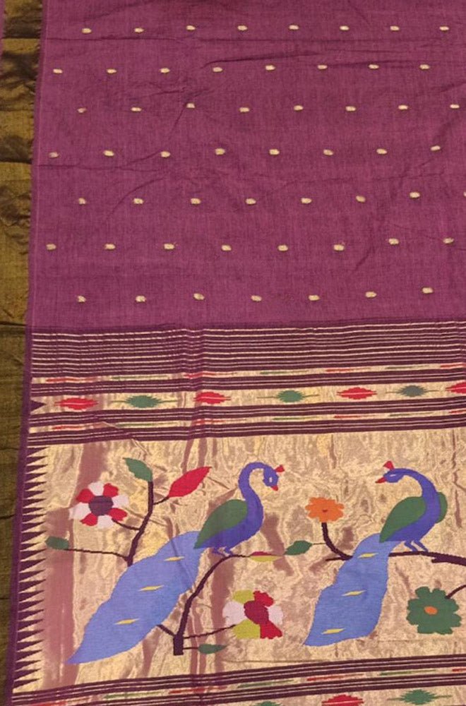 Purple Handloom Paithani Pure Cotton Saree - Luxurion World
